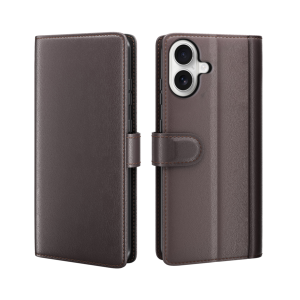 LindeCovers iPhone 16 Plus – Ægte Læder Flip Cover m. Flap Red Brown