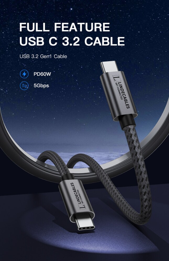LindeCables USB-C 3.2 60W Premium kabel - 1 m