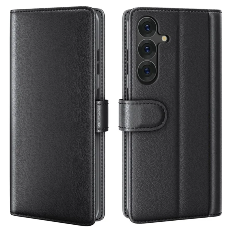 LindeCovers Samsung Galaxy S25 Plus – Ægte Læder Flip Cover m. Flap Black